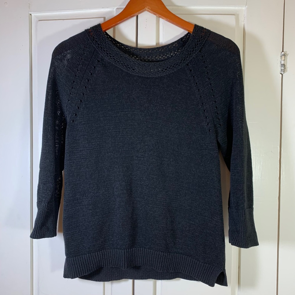 Ann Taylor Loft Womens Black Ramie Cotton Crochet Neck‎ Knit Sweater Medium